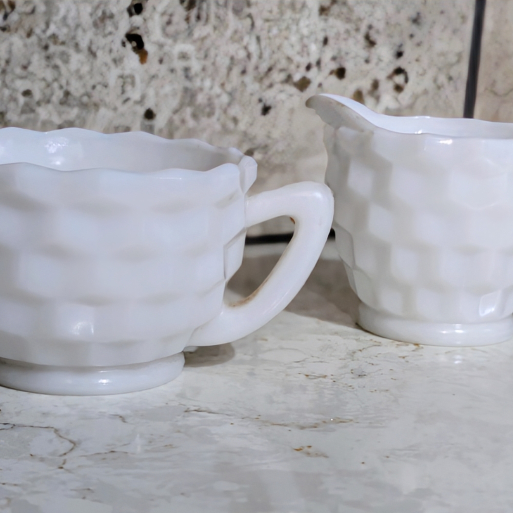 Westmoreland Milk Glass Creamer & Sugar Set – White Paneled Style – Vintage